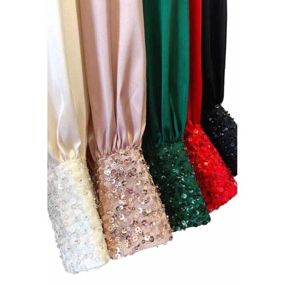 Sequin Cuff Detail Satin Blouse Top - Picture 5 of 5